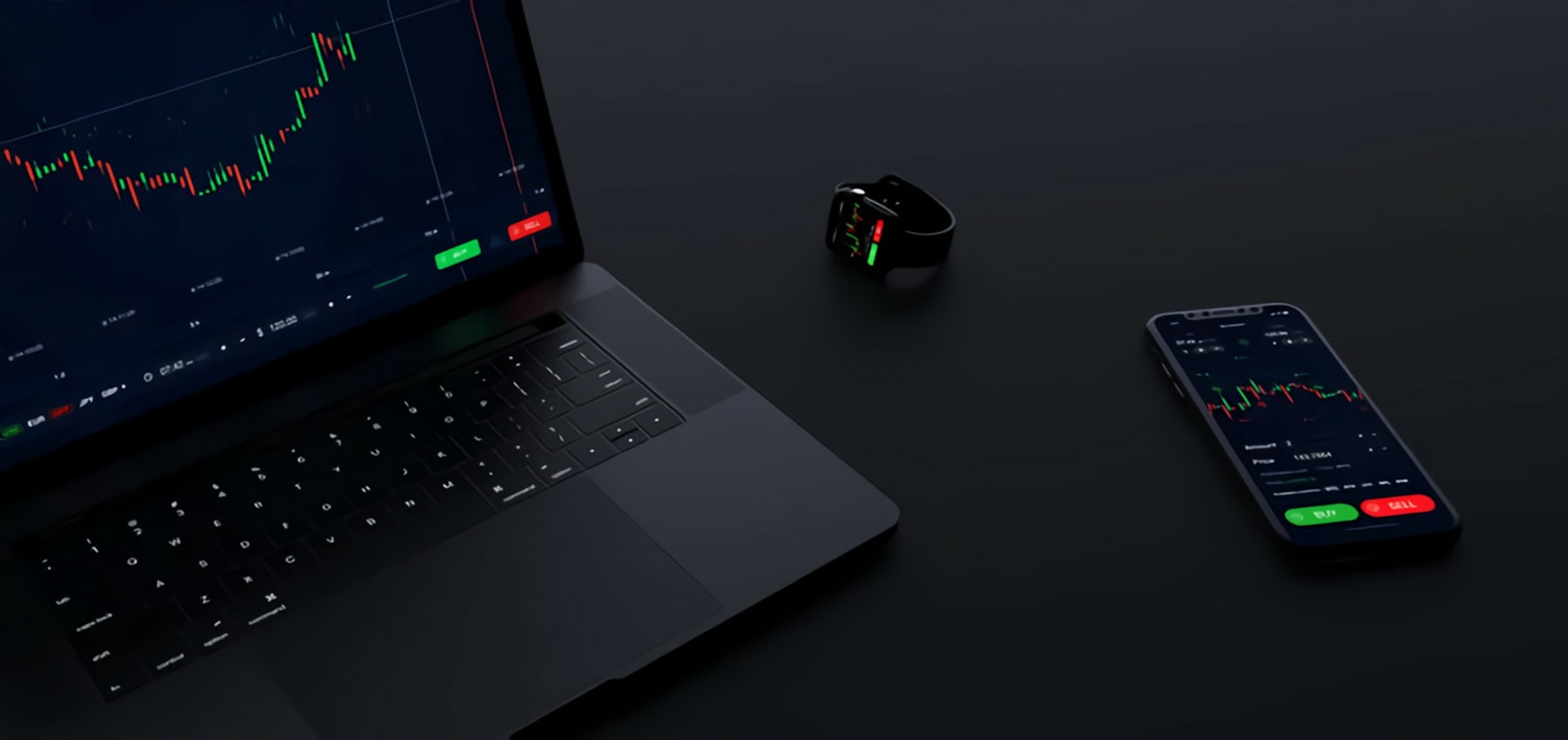 Plataforma WebTrader em laptop, celular e smartwatch